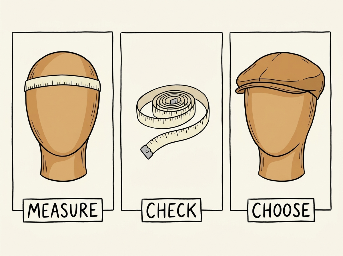 Three-panel illustration showing how to measure your hat size, with featureless wooden hat block forms and a tape measure.