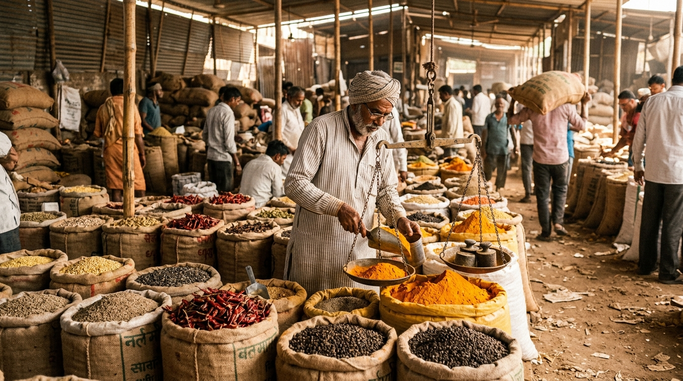 A wholesale spice and grain mandi in Gujarat — where sourcing begins