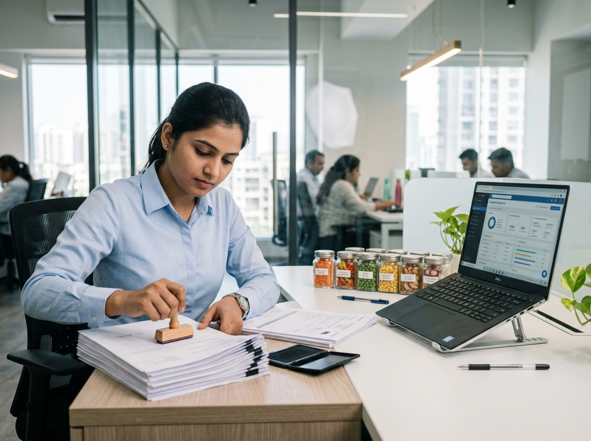 The desk — documents stamped before a container moves
