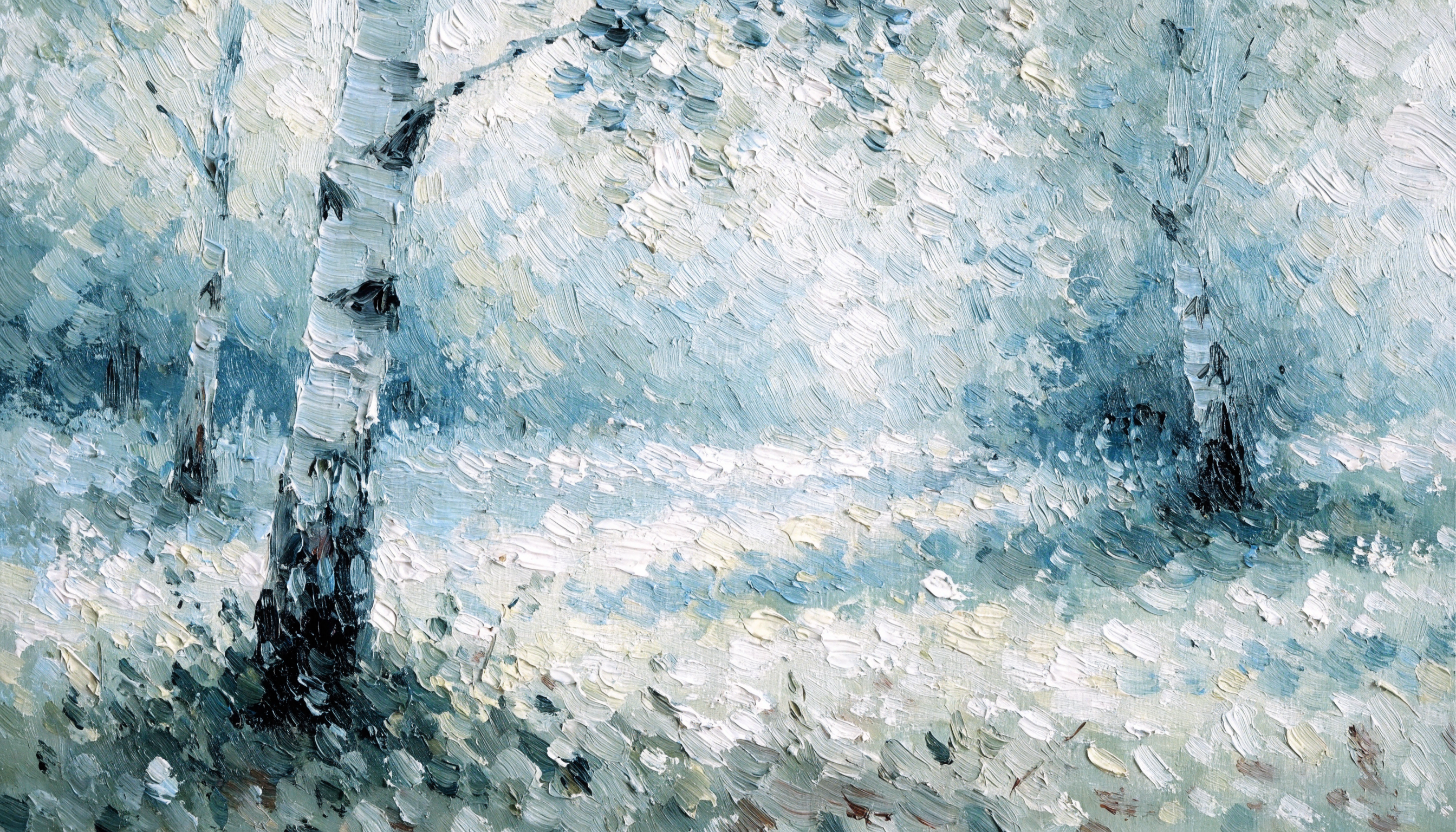 Impressionist oil painting of a tranquil birch forest clearing with cool blue-green and sage tones — calming wall art