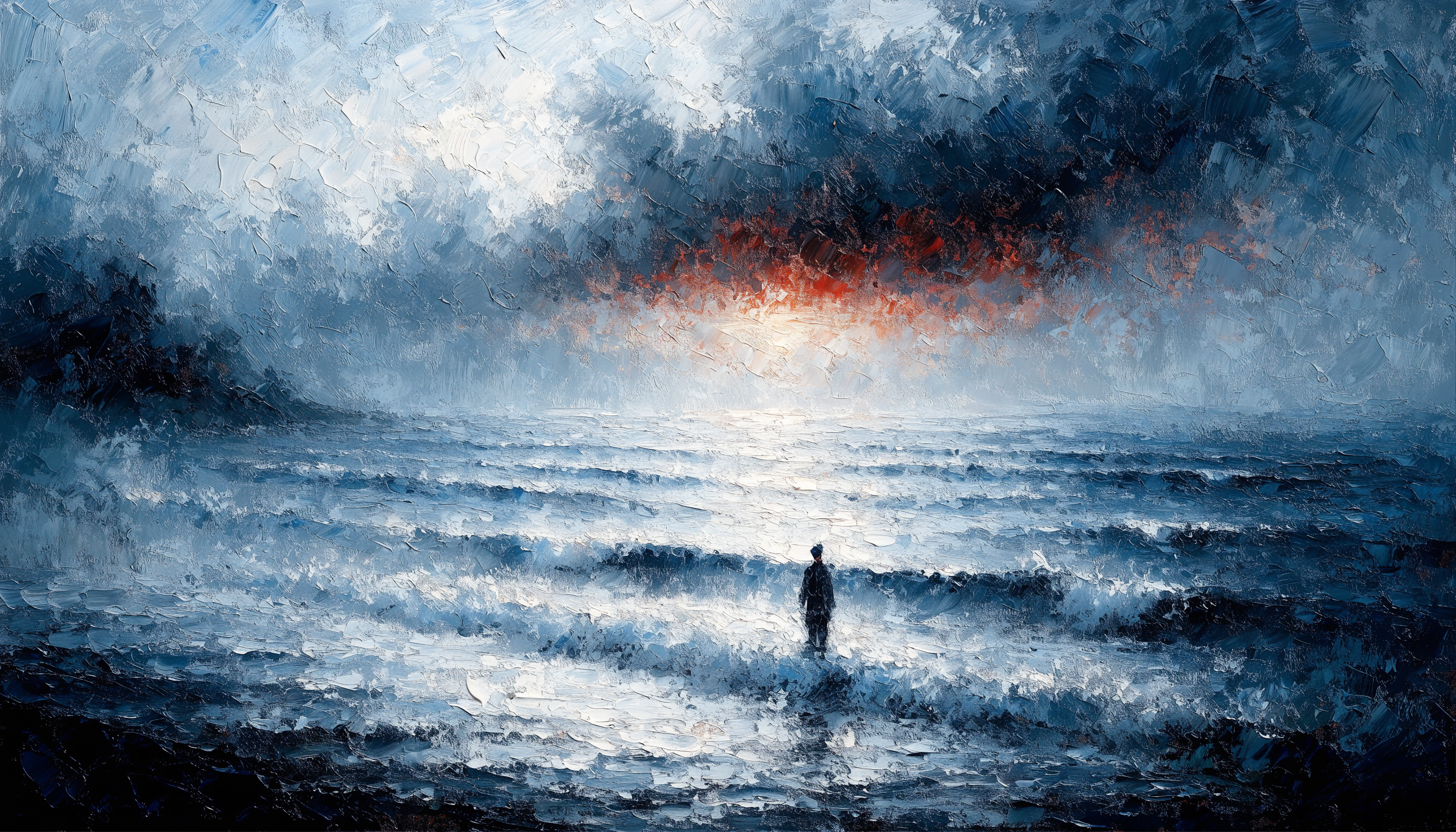 Impressionist oil painting of a lone figure at the edge of a misty ocean at dusk, amber and crimson horizon — vagus nerve visual safety cue