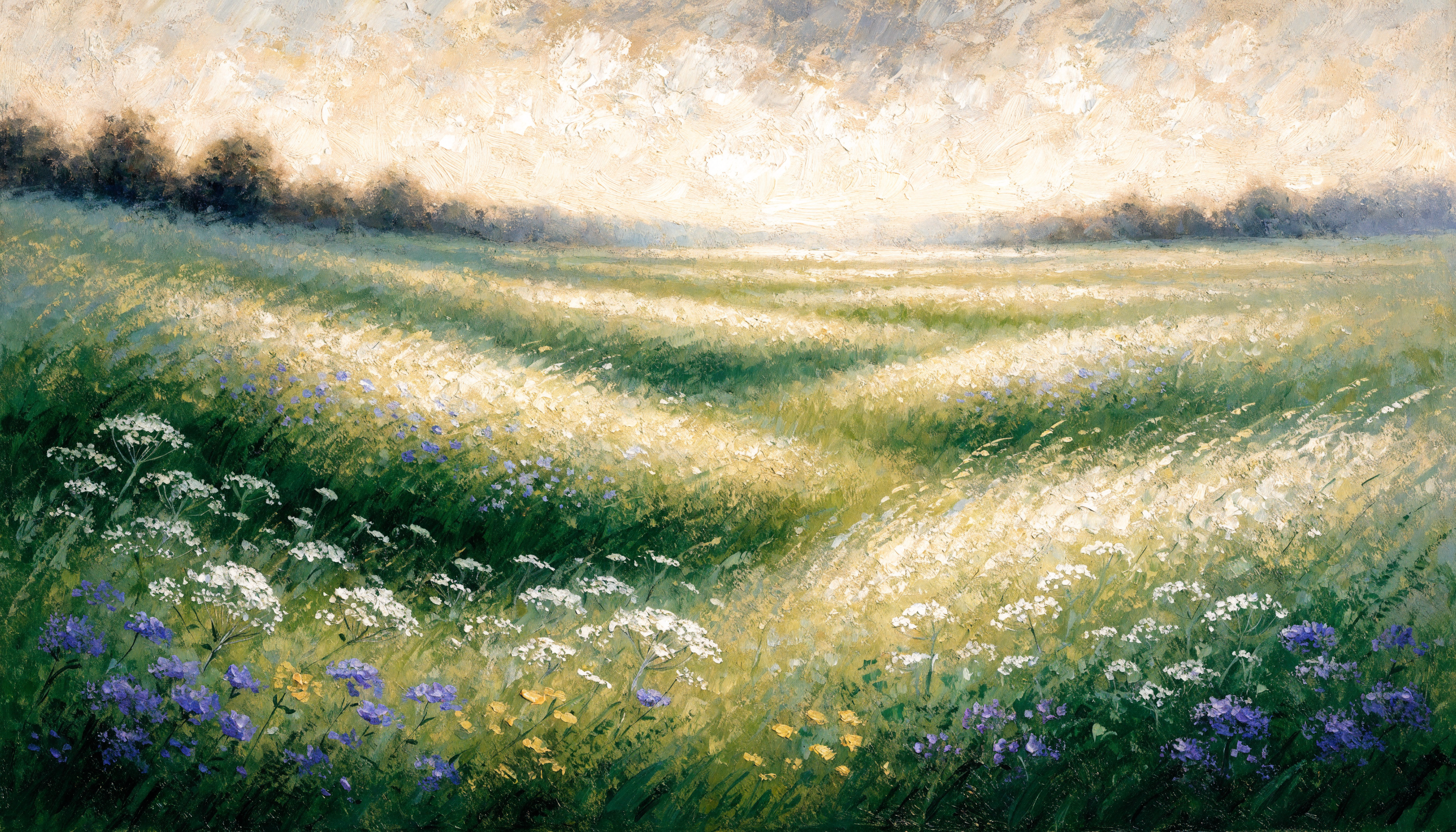 Impressionist oil painting of a sweeping golden hour meadow with wildflowers and a glowing distant treeline — biophilic wall art