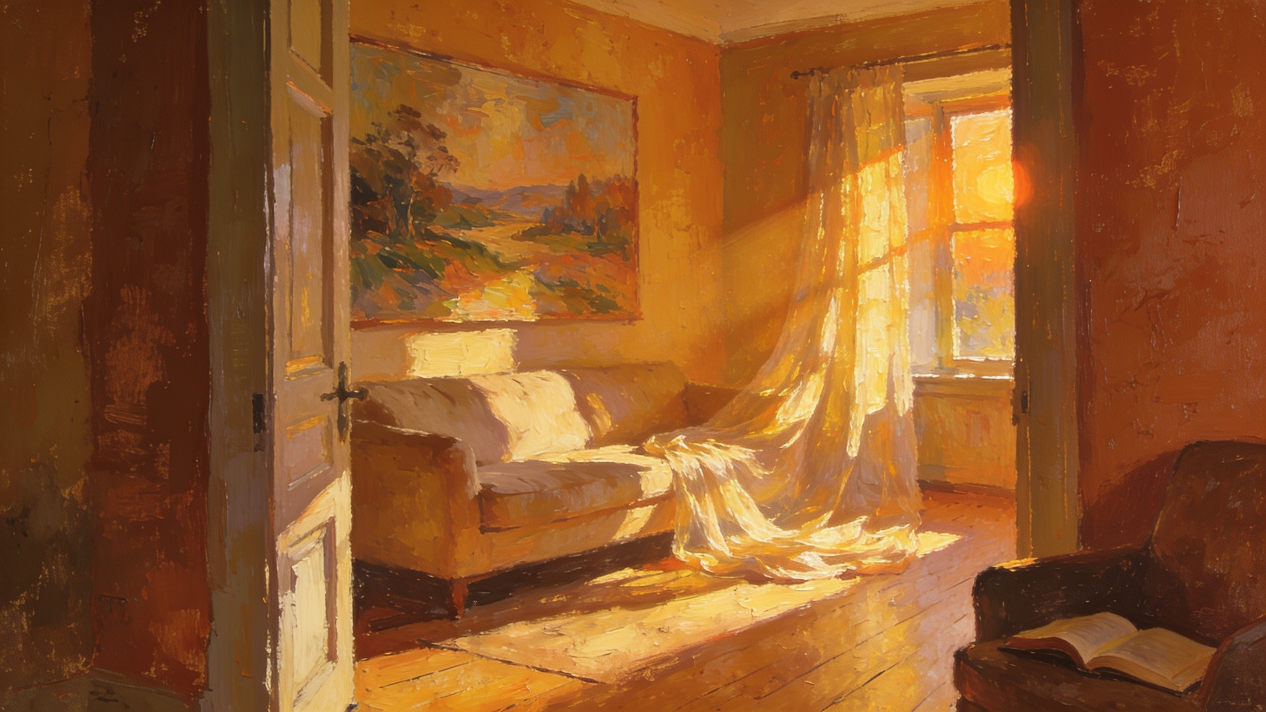 Warm amber living room bathed in golden light — color psychology for home decor