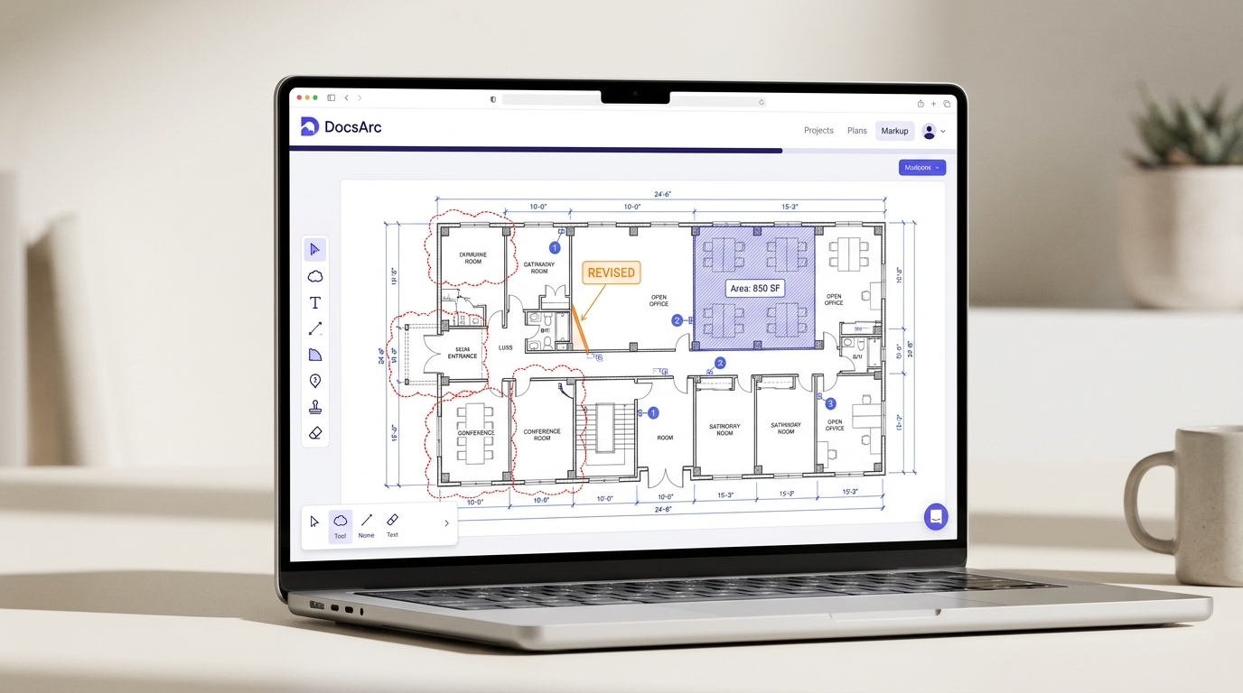 DocsArc marking up a construction floor plan — revision clouds, callouts, dimension lines and area takeoff, running entirely on the user's own device