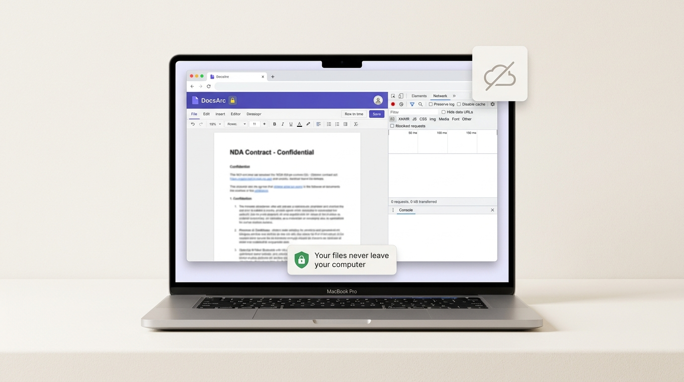 DocsArc open beside the browser's network panel showing 0 requests and 0 kB transferred — visual proof that files never leave the device
