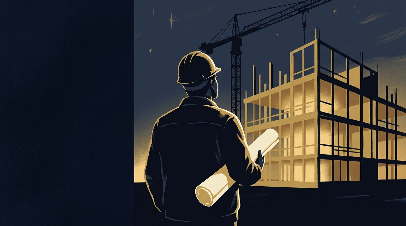 A contractor with rolled plans looks up at golden-lit framing rising on a job site at dusk, illustrated in the Notebook of a COO editorial style