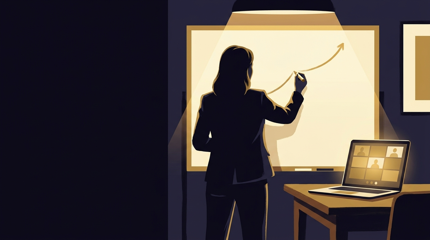 A coach draws a rising growth curve on a whiteboard beside a live video call, illustrated in the Notebook of a COO editorial style