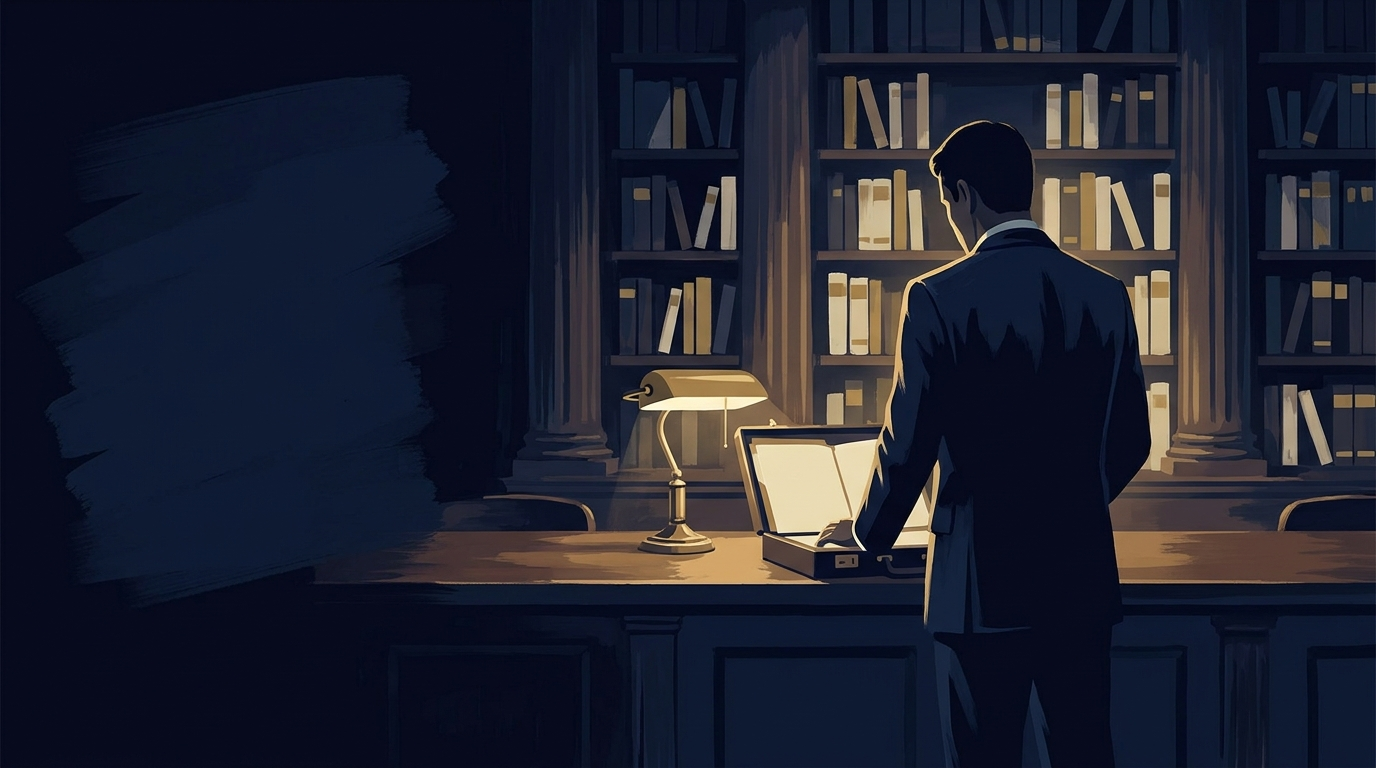An attorney reviews a case file under lamplight in the firm library, illustrated in the Notebook of a COO editorial style