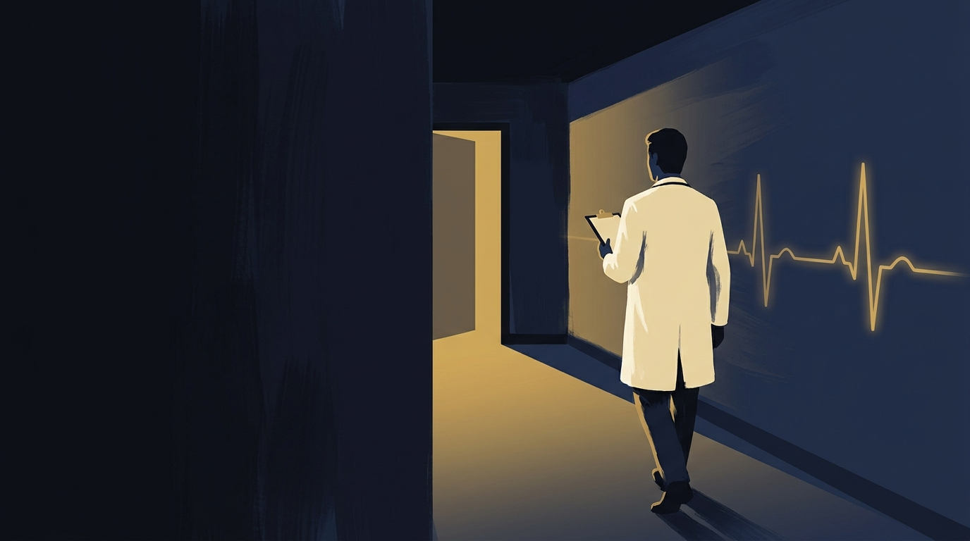 A physician walks toward a glowing exam room in a calm, well-run practice, illustrated in the Notebook of a COO editorial style