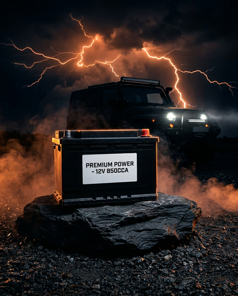 Bateria Dakar de alta performance em destaque, com veículo off-road robusto ao fundo e efeitos de energia laranja