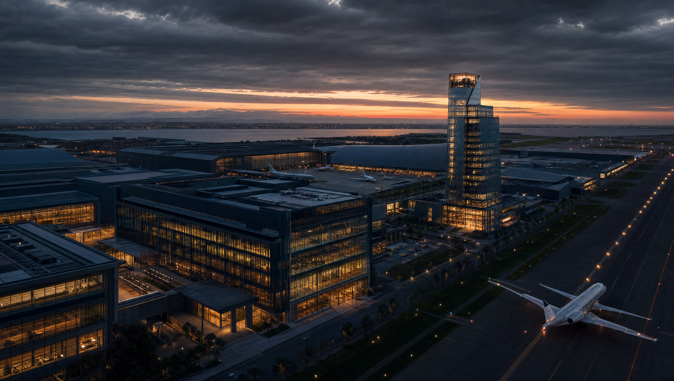 Aerial view of the Port San Antonio technology and aerospace campus at dusk