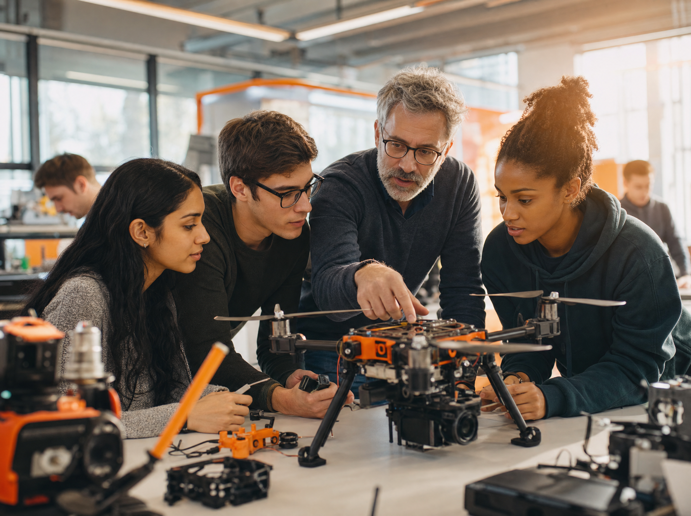 Students and engineers collaborating on drones in an innovation lab