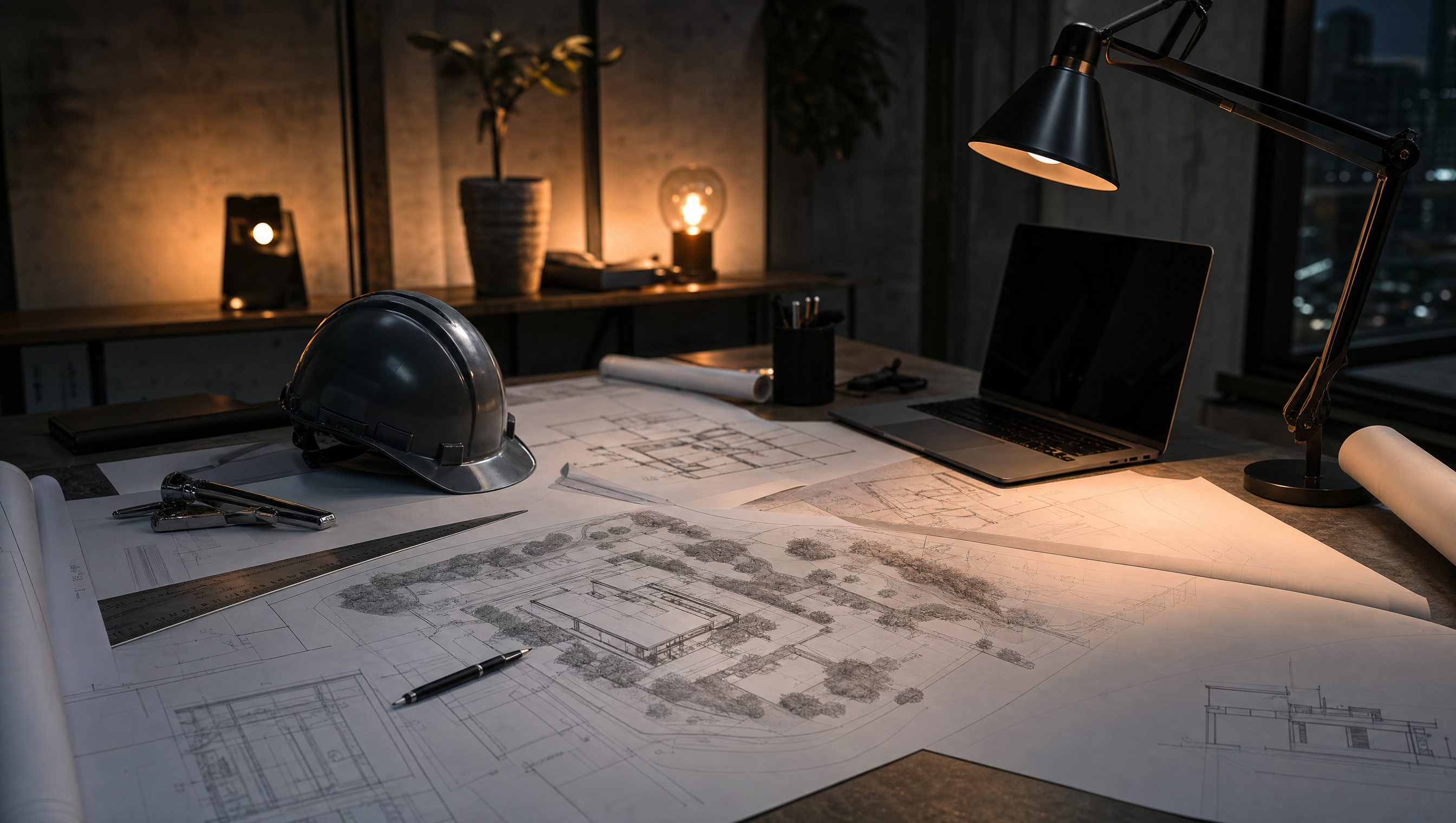 Blueprints and building plans on a review table