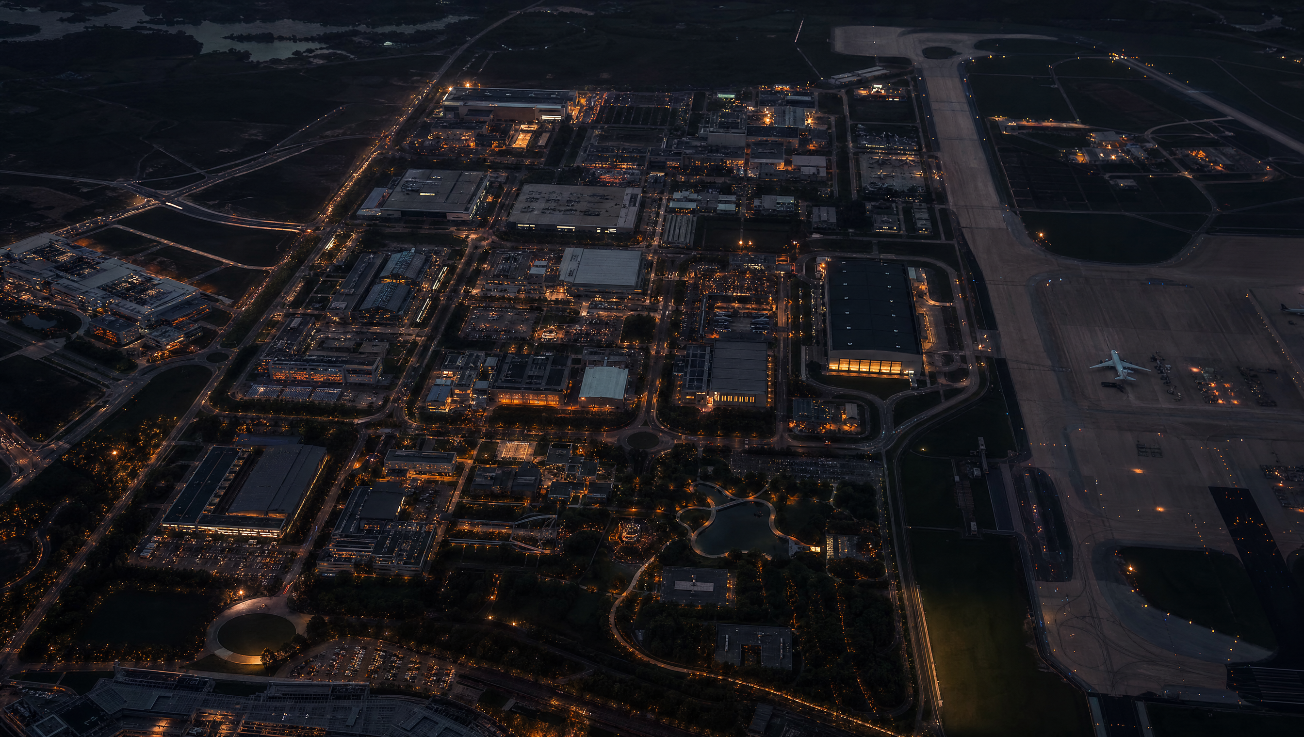 Aerial top-down view of the Port San Antonio Tech Port campus