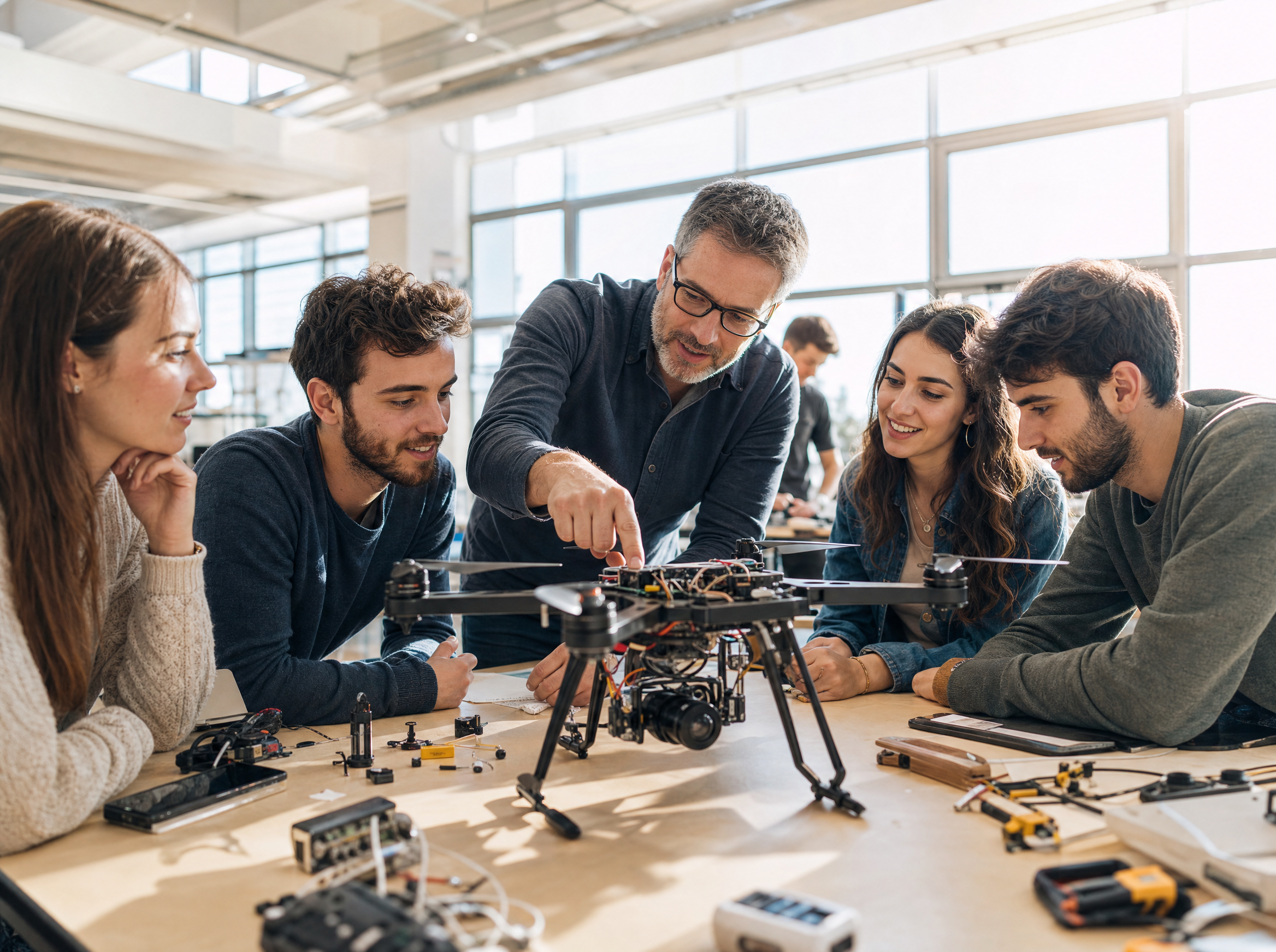 Students and engineers collaborating in an innovation lab