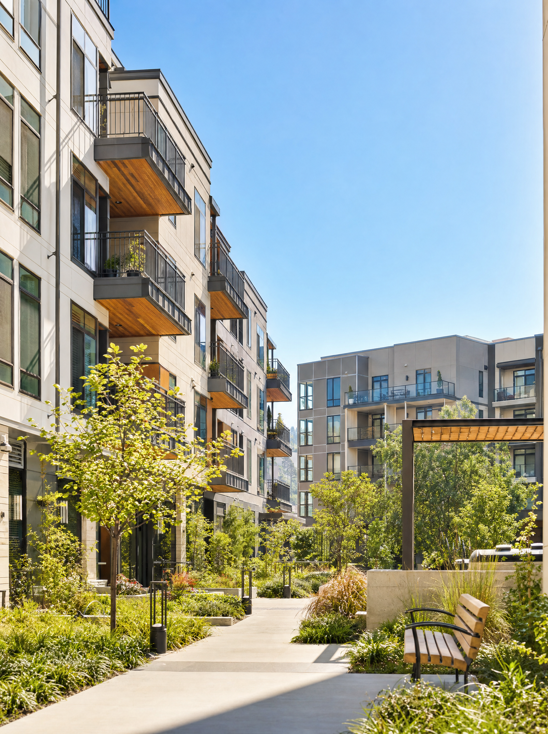 Sunlit residential courtyard and apartment homes on the Port San Antonio campus