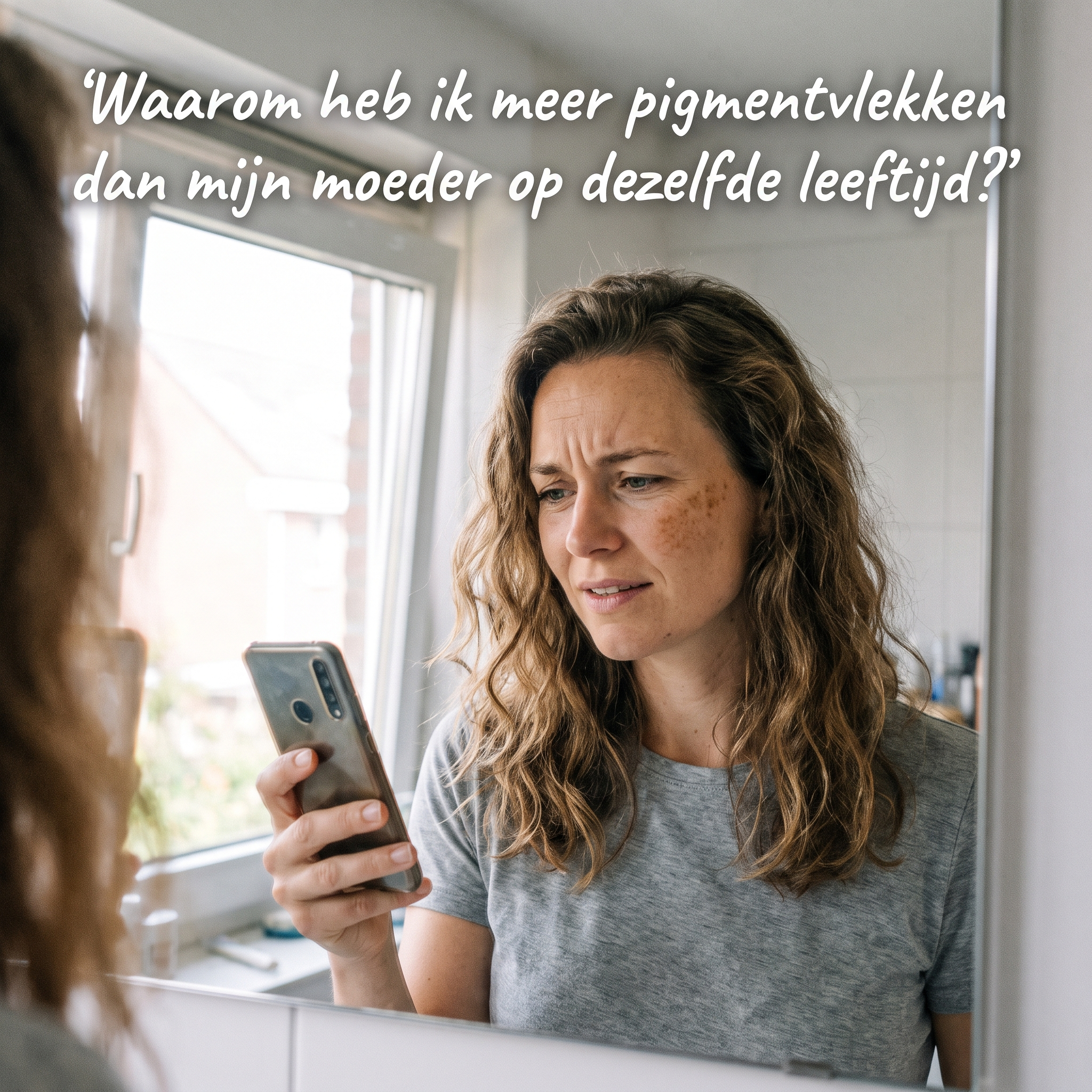 Vrouw kijkt kritisch naar pigmentvlekken in de spiegel