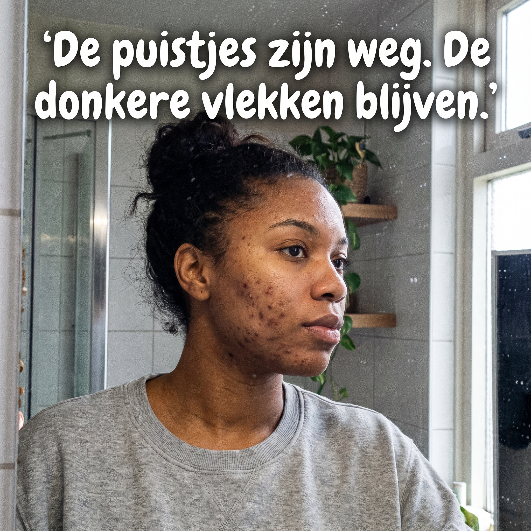 Vrouw kijkt naar donkere vlekken na acne in de spiegel