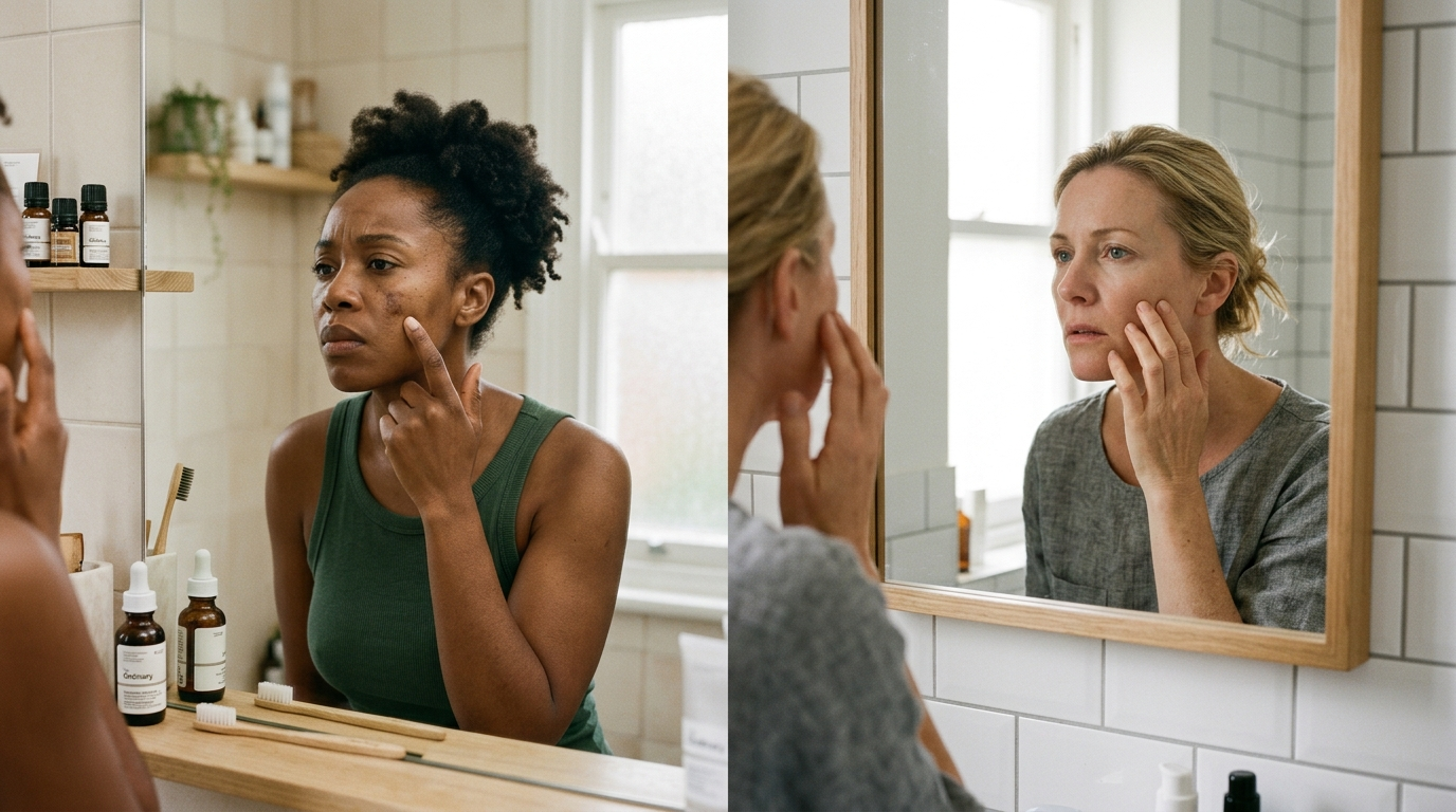 Twee vrouwen bekijken hun pigmentvlekken in de spiegel