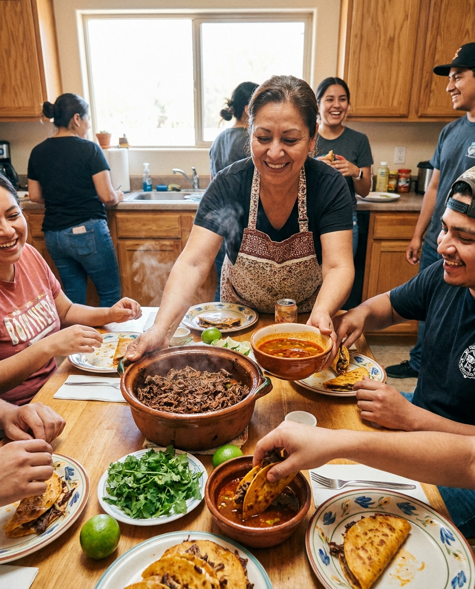 A home host serving a big steaming pot of birria to a full family table