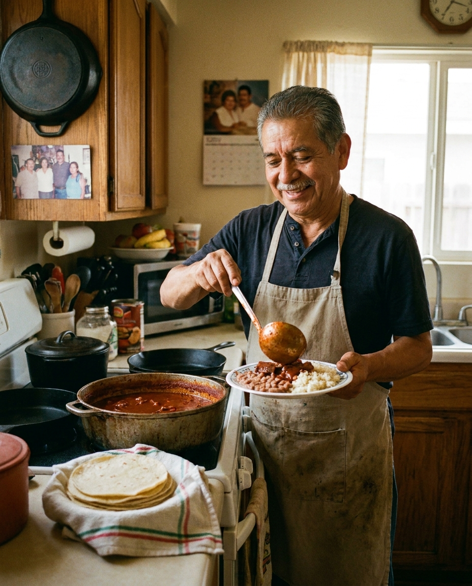 An older home cook ladling deep-red chile colorado over rice and beans