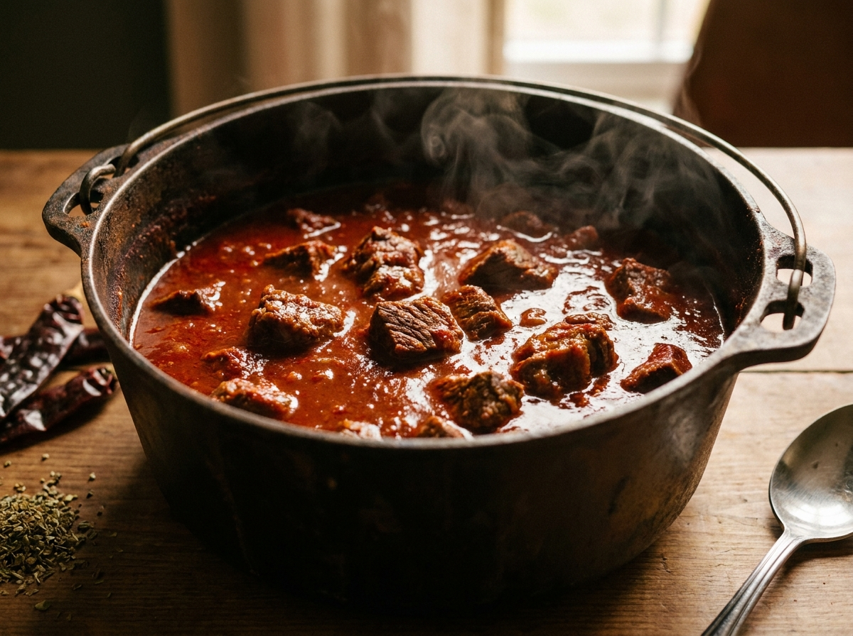 A simmering pot of deep red chile colorado