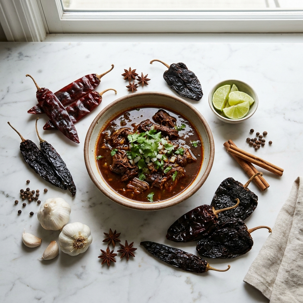 Real dried chiles and spices around a bowl of birria