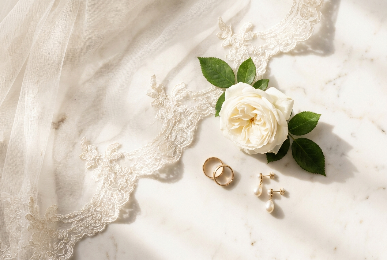 Wedding details — lace veil, gold rings, and a white garden rose on marble
