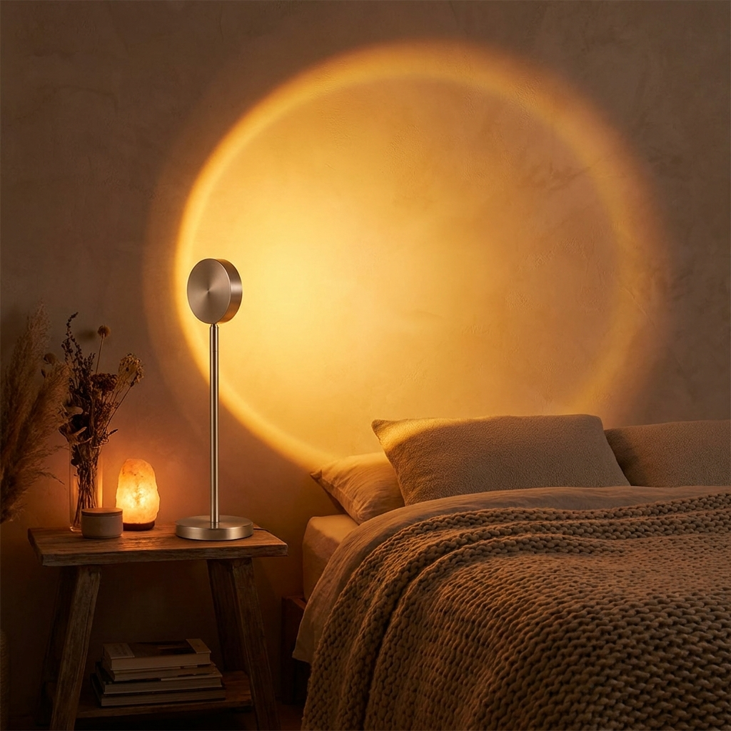 Sunset projection lamp glowing in a cozy bedroom