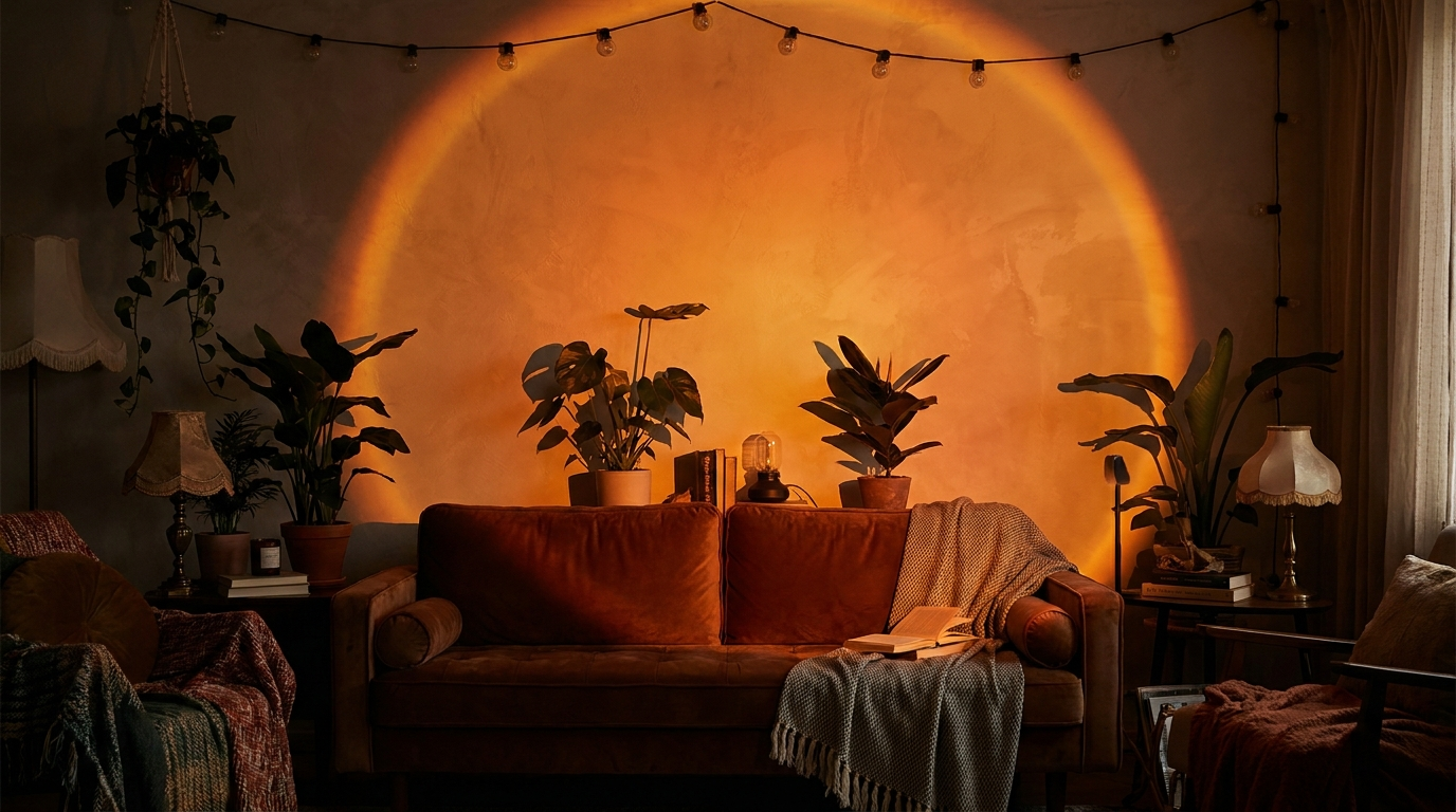 Living room bathed in sunset projection glow