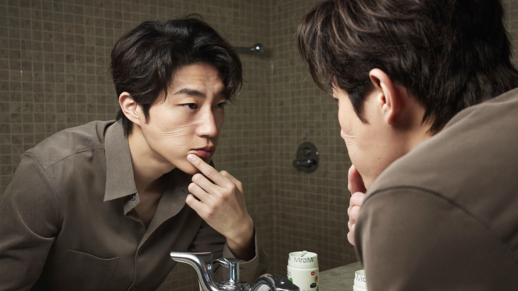 40대 남자 거울 보며 피부 확인