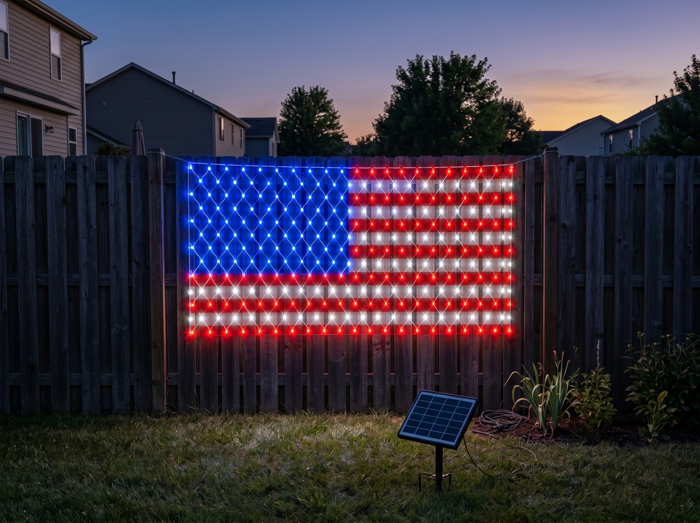 Solar American flag LED net glowing on a fence at dusk