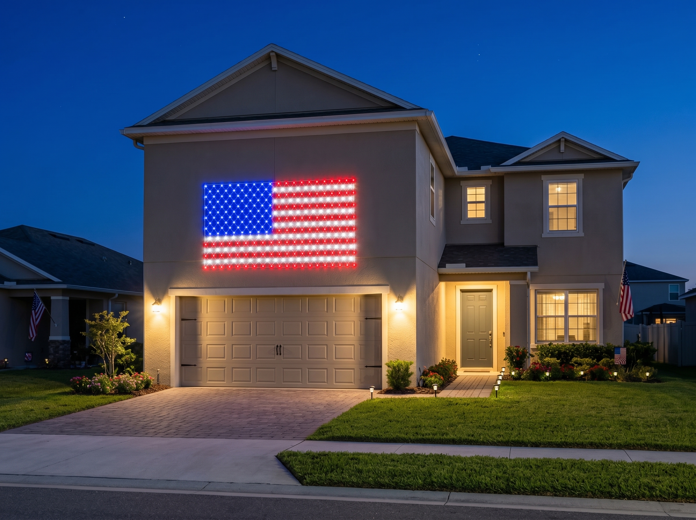 American flag LED net mounted on the side of a suburban house at night