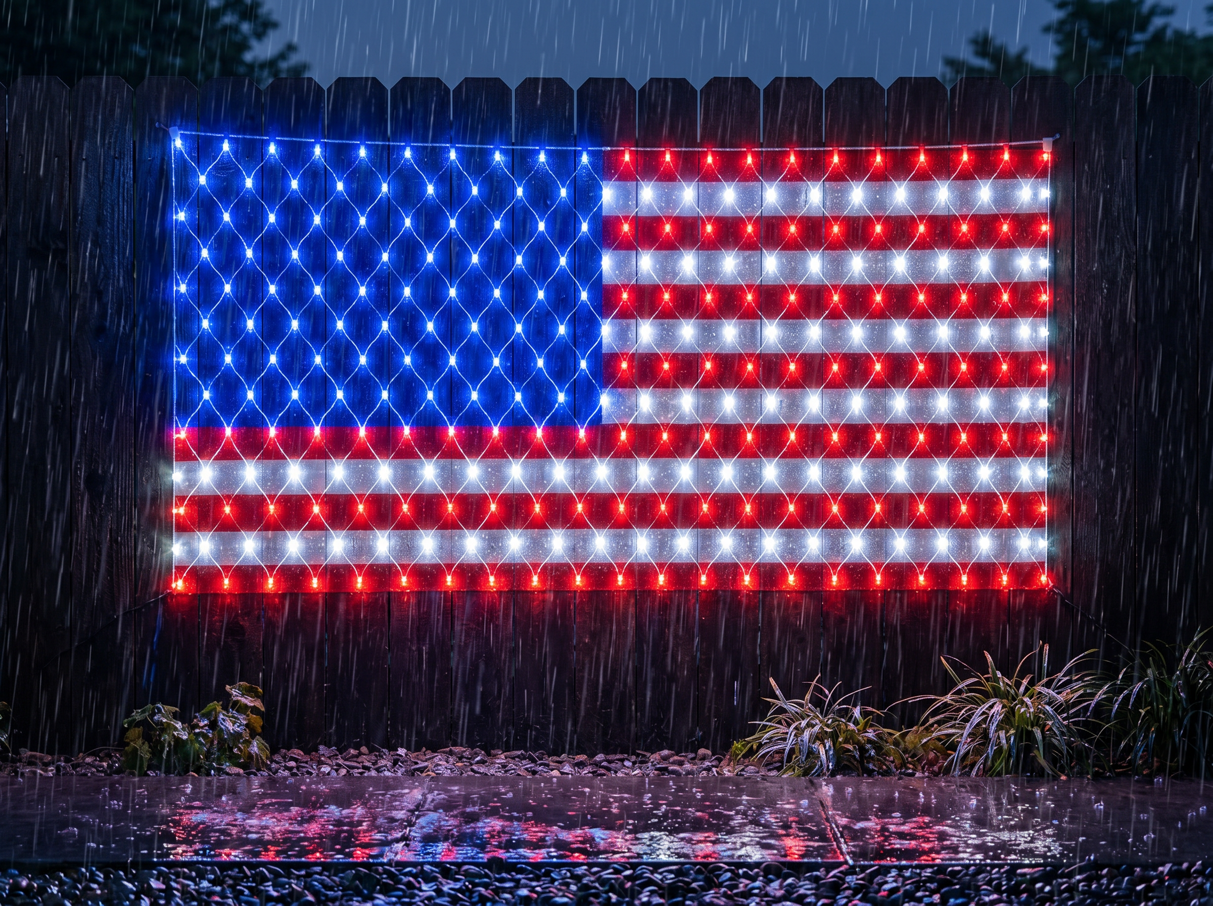 American flag LED net staying bright in the rain on a fence