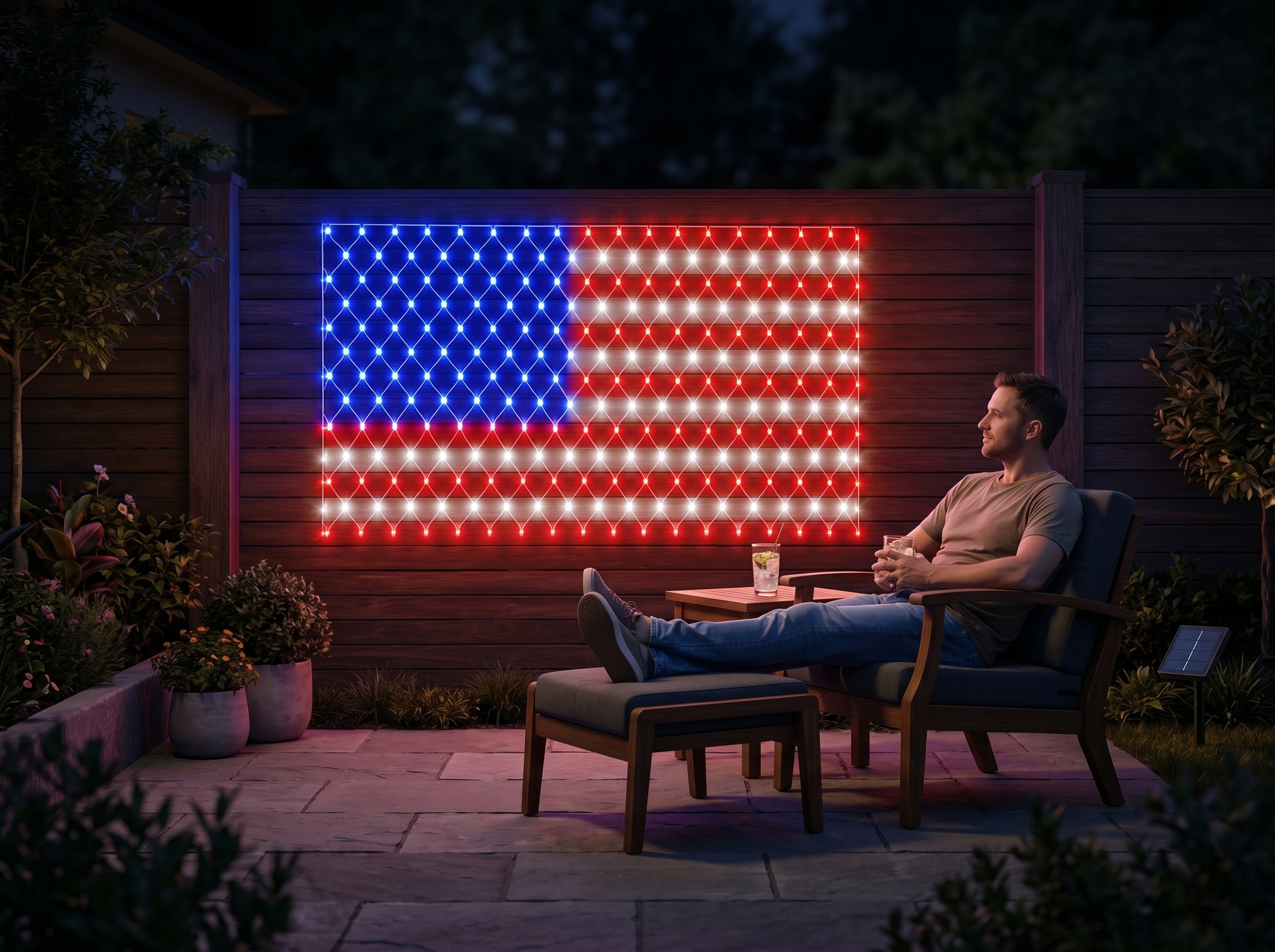 American flag LED net glowing over a relaxed backyard patio at night
