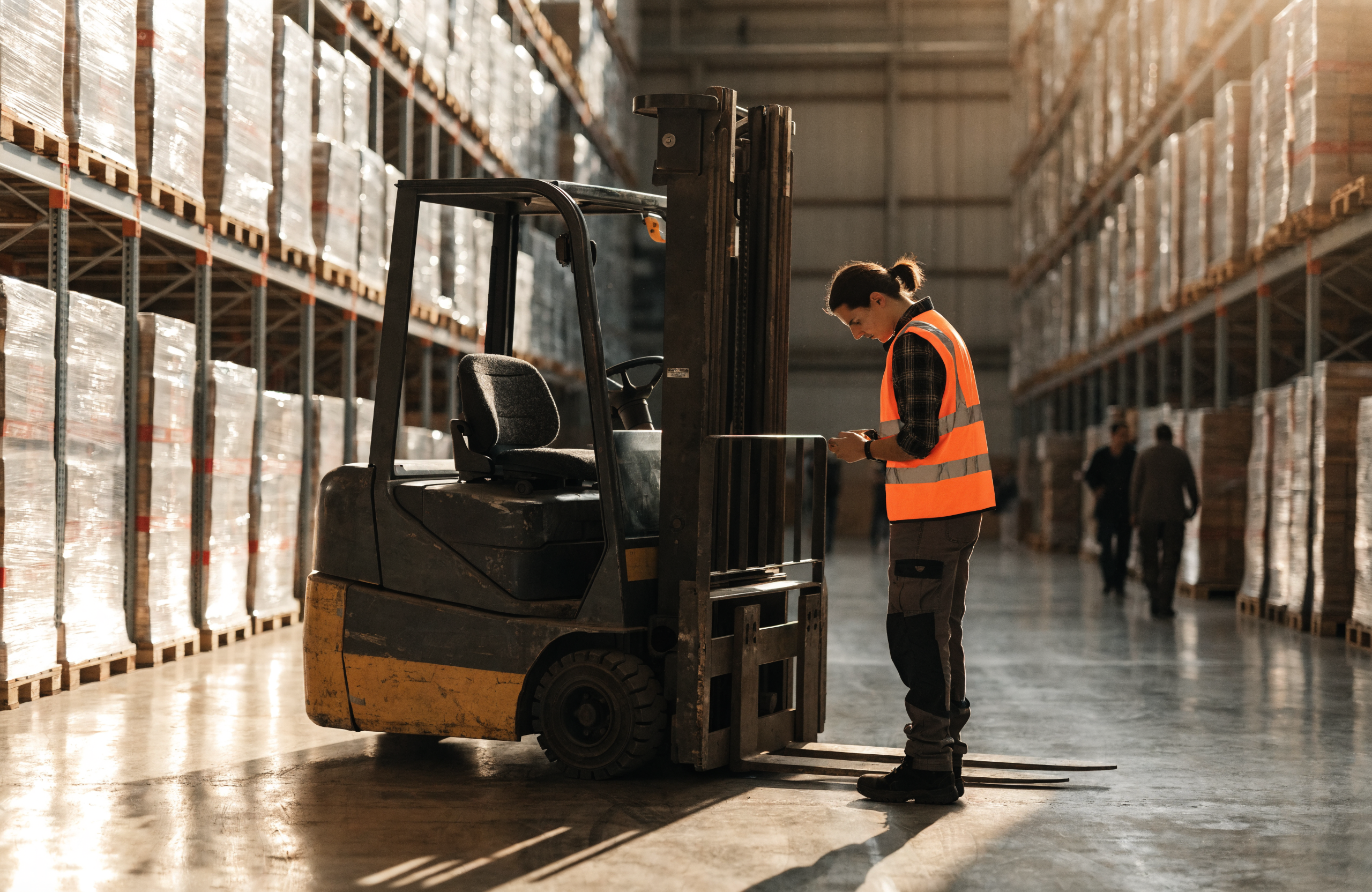 Magazijnmedewerker naast een heftruck