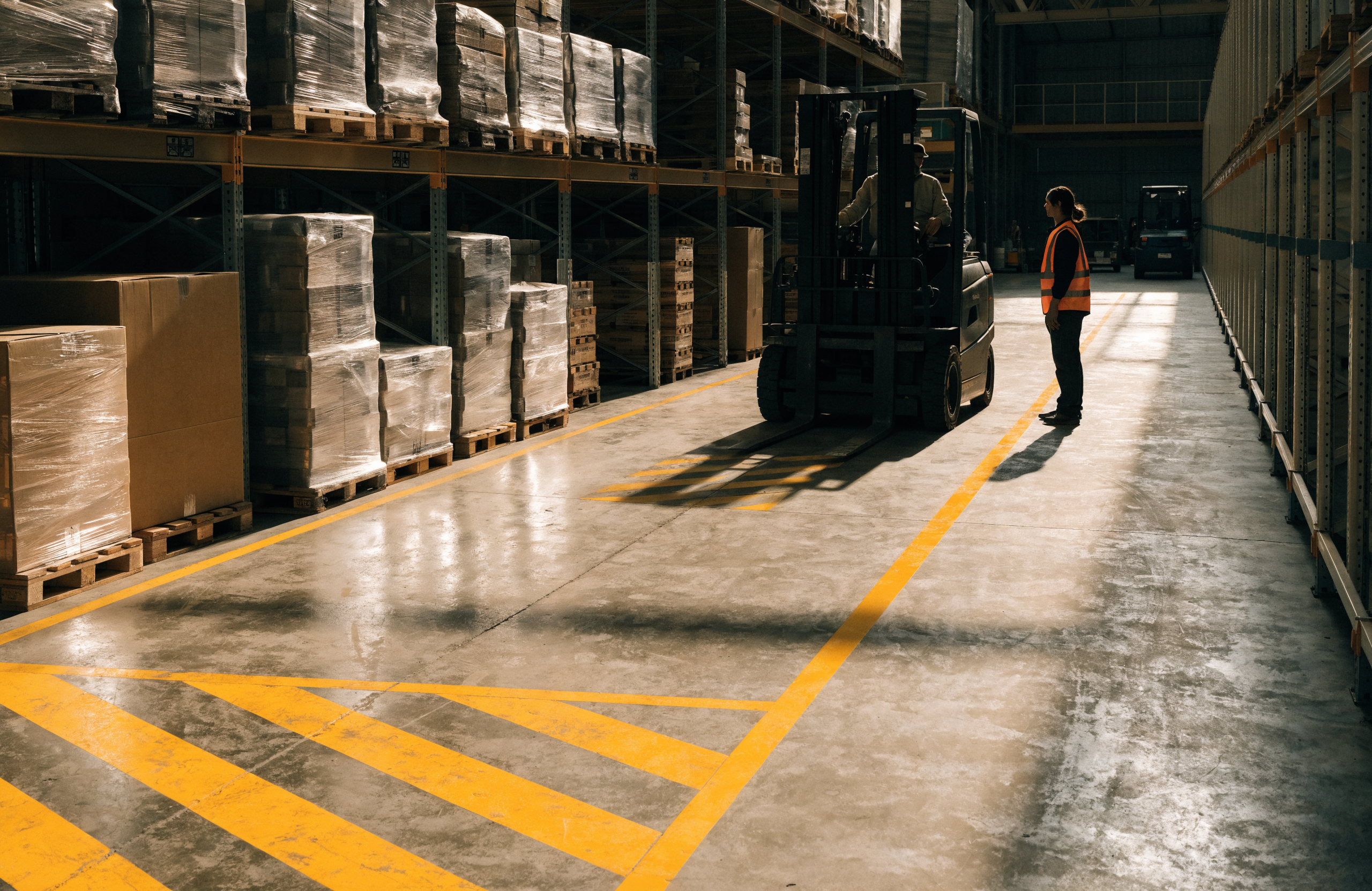 Heftruck op een gemarkeerde rijbaan in een magazijn