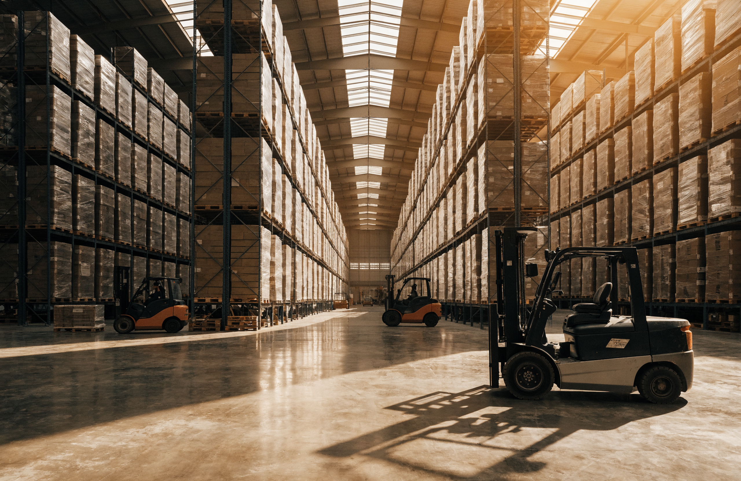 Meerdere heftrucks in een magazijn