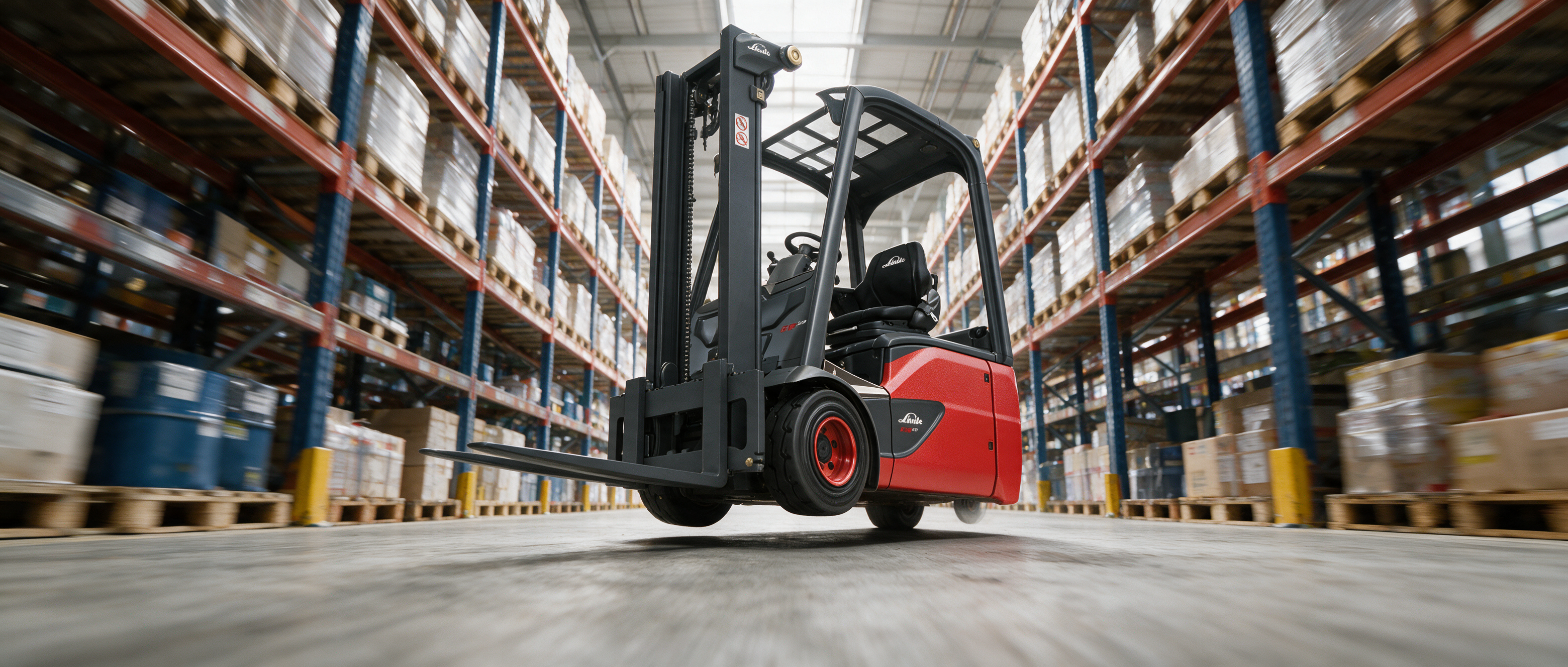 Autonome heftruck in een magazijngang tussen hoge stellingen