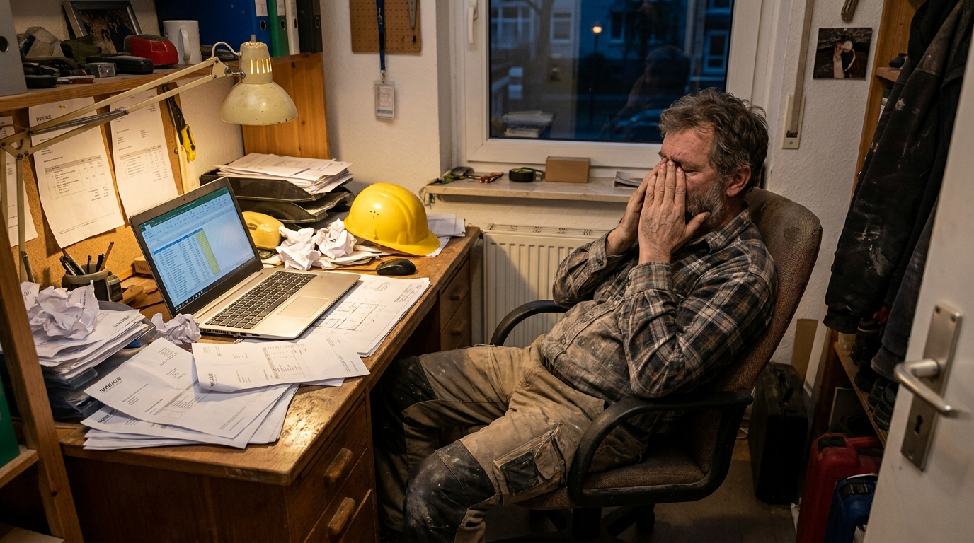 Gestresster Handwerker am Schreibtisch