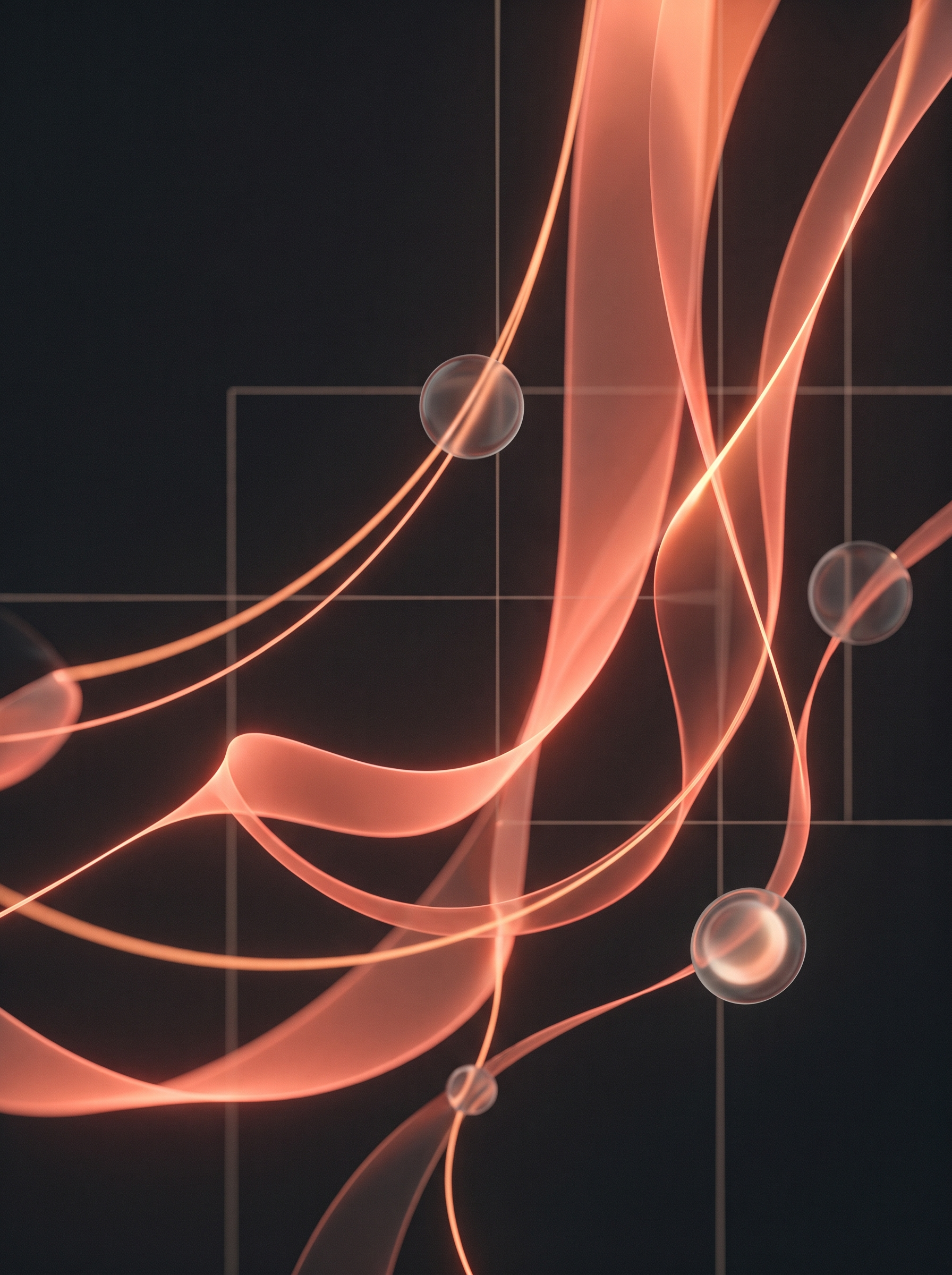 Abstract coral and charcoal artwork of glowing ribbons and nodes, representing an automated system quietly working in the background