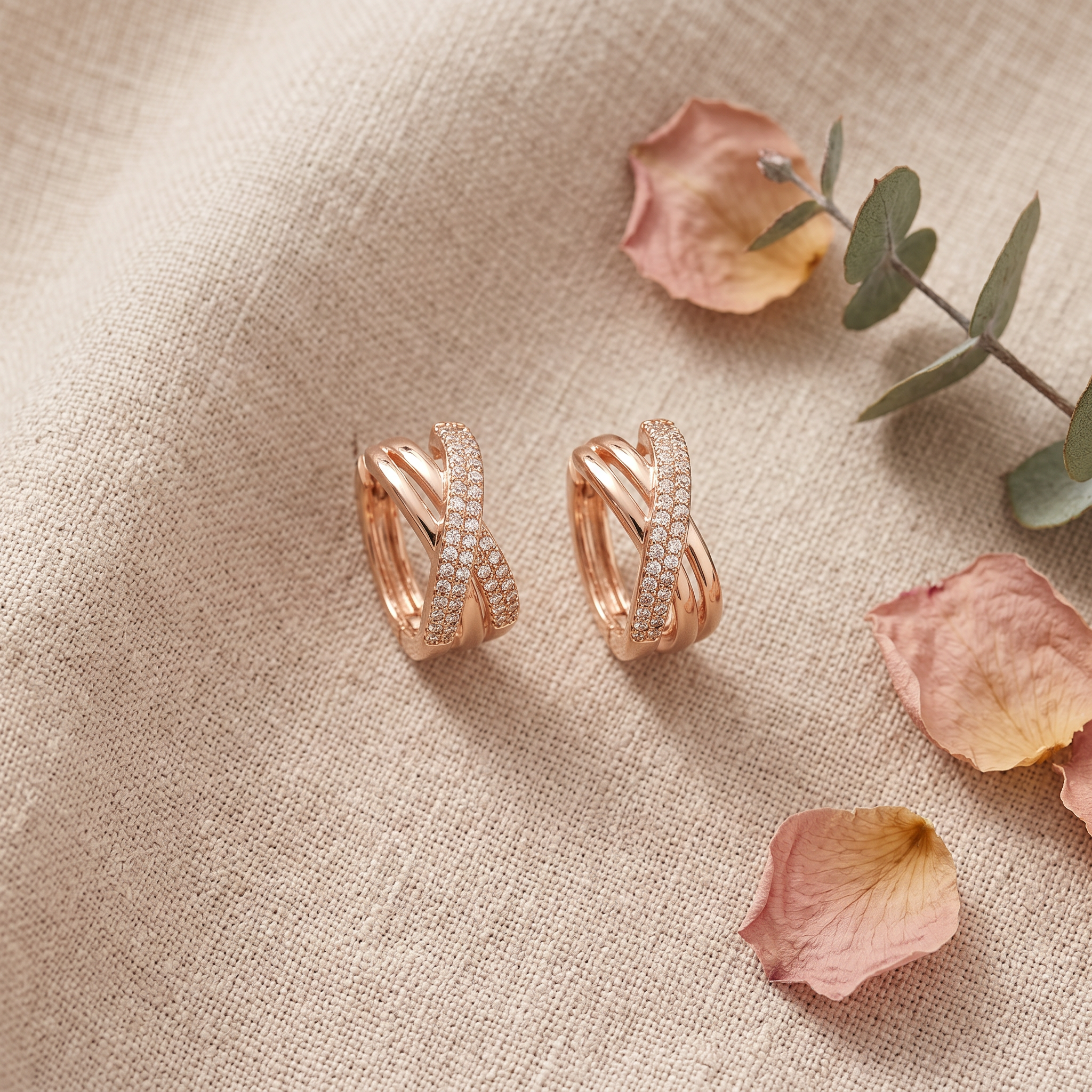Roze gold ukrštene minđuše sa cirkonima flatlay sa laticama