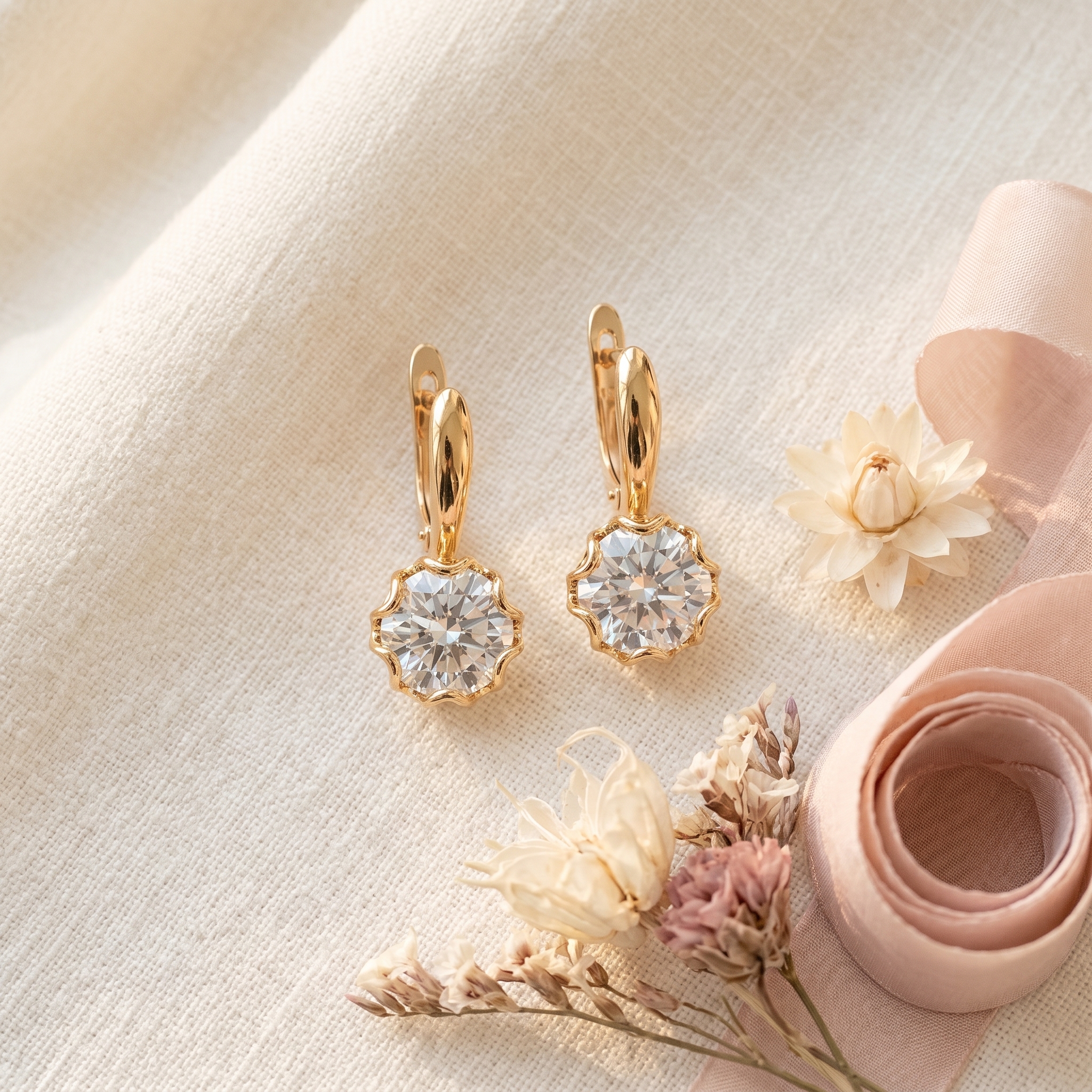 Minđuše Aurora flatlay sa cvećem i roze trakom