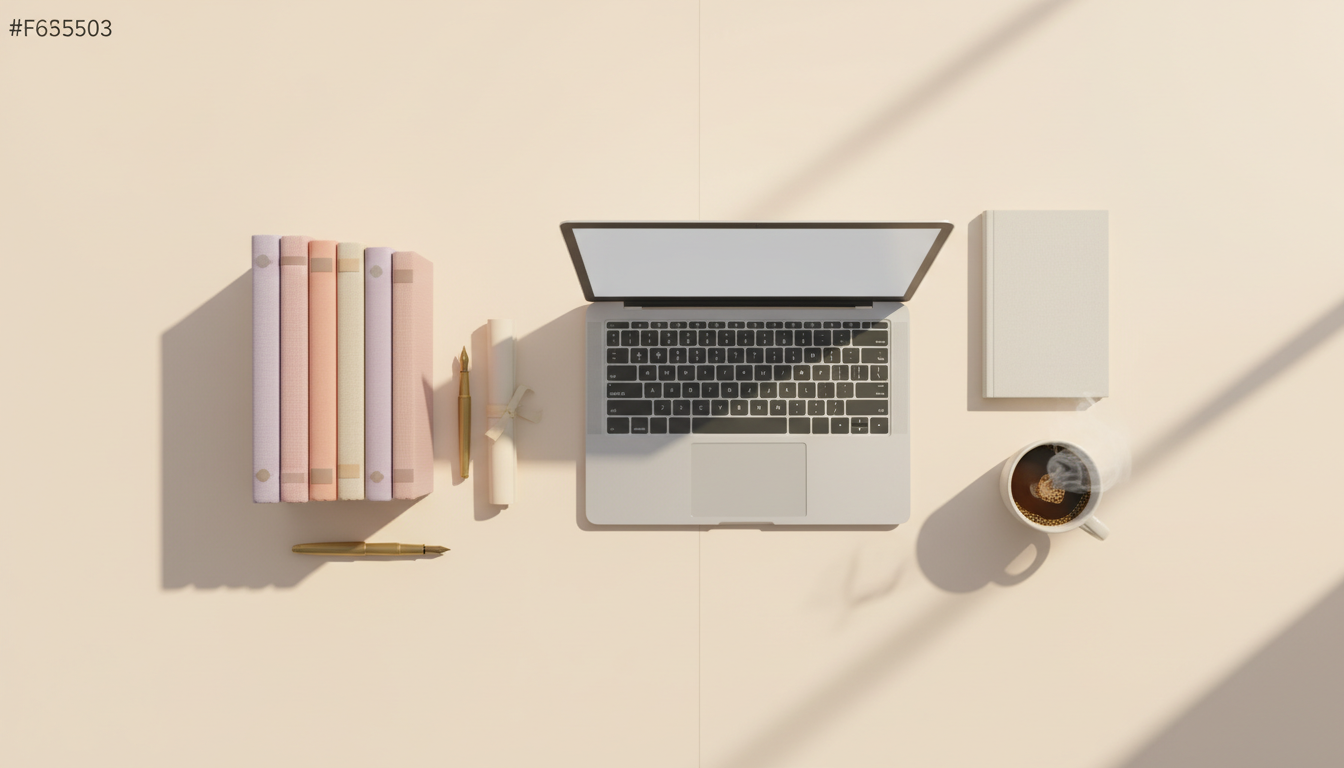 Self-publishing vs traditional publishing — a desk split between classic hardcovers with a contract and a laptop with a freshly printed paperback