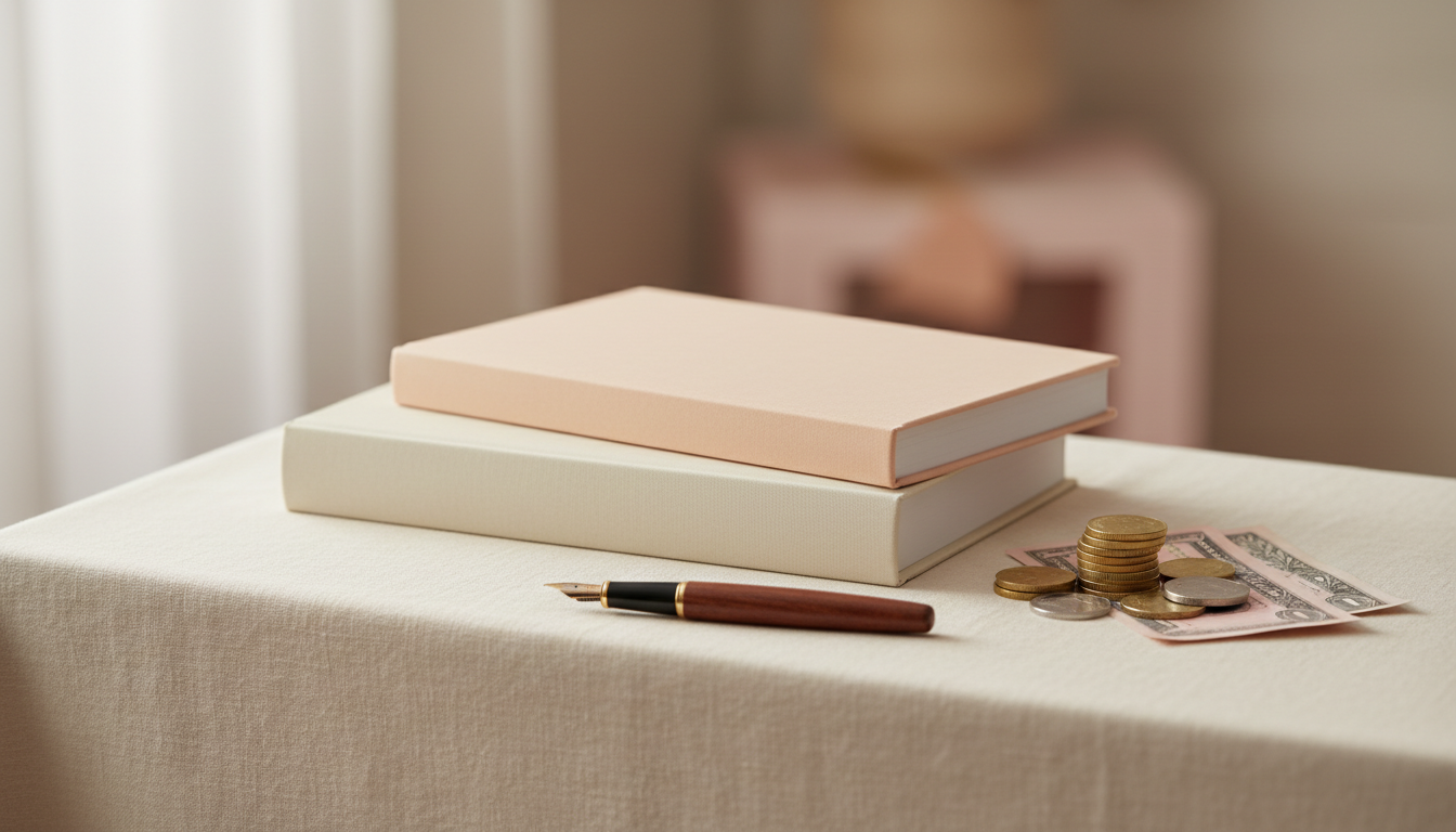 How much authors make — a hardcover and a paperback on a linen table beside a small stack of coins, folded bills, and a fountain pen