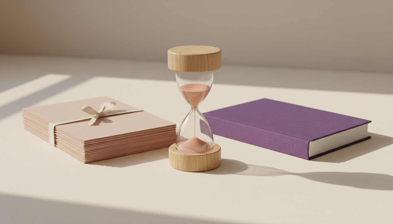 How long it takes to publish a book — an hourglass between a manuscript stack and a finished hardcover
