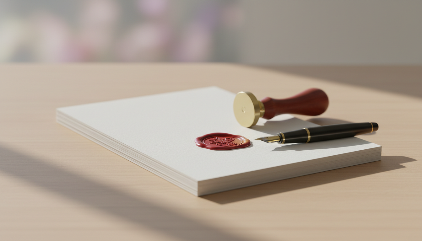Copyrighting a book — a wax seal pressed onto a manuscript beside a fountain pen