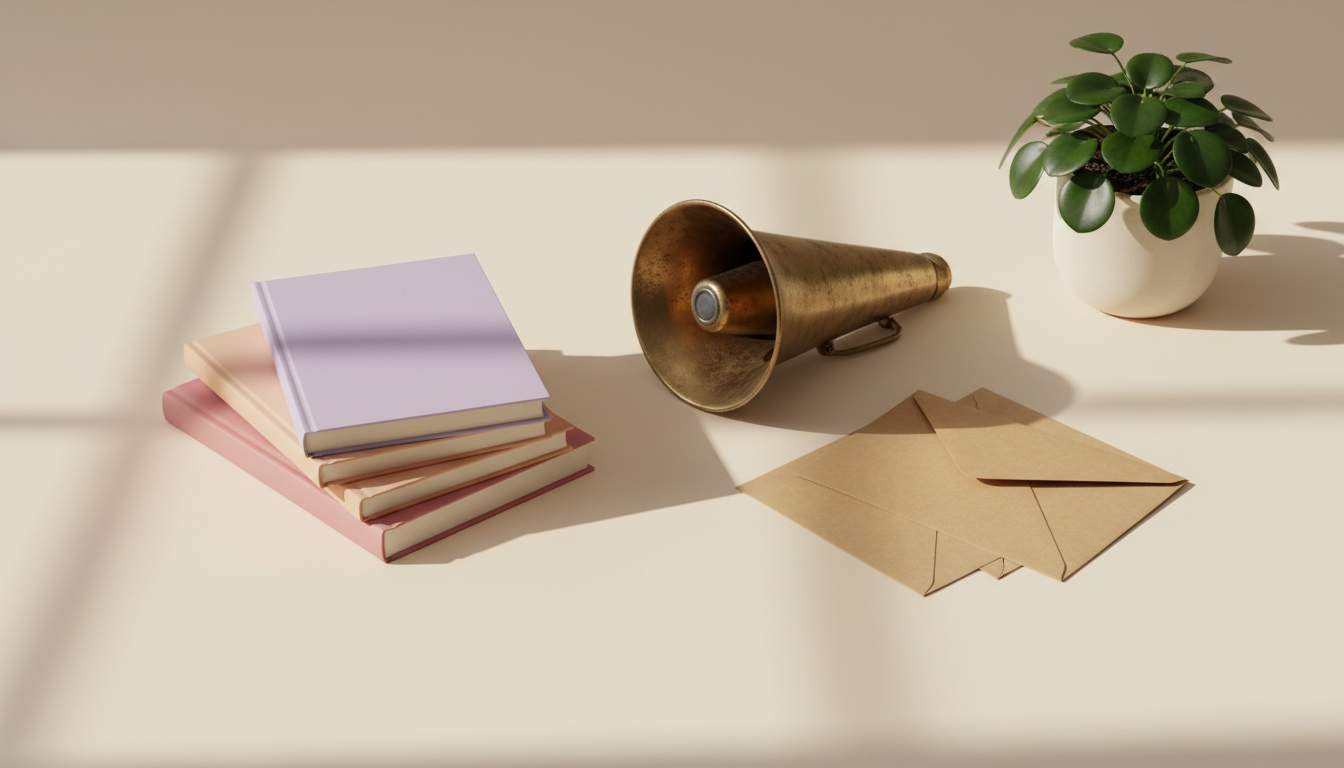 Marketing a book — a stack of books beside a brass megaphone and mailing envelopes
