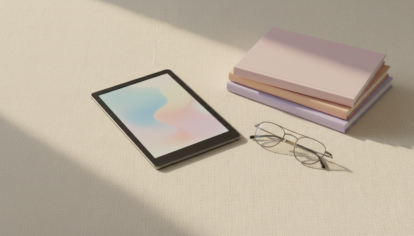 Publishing an ebook — an e-reader beside a stack of books in warm morning light