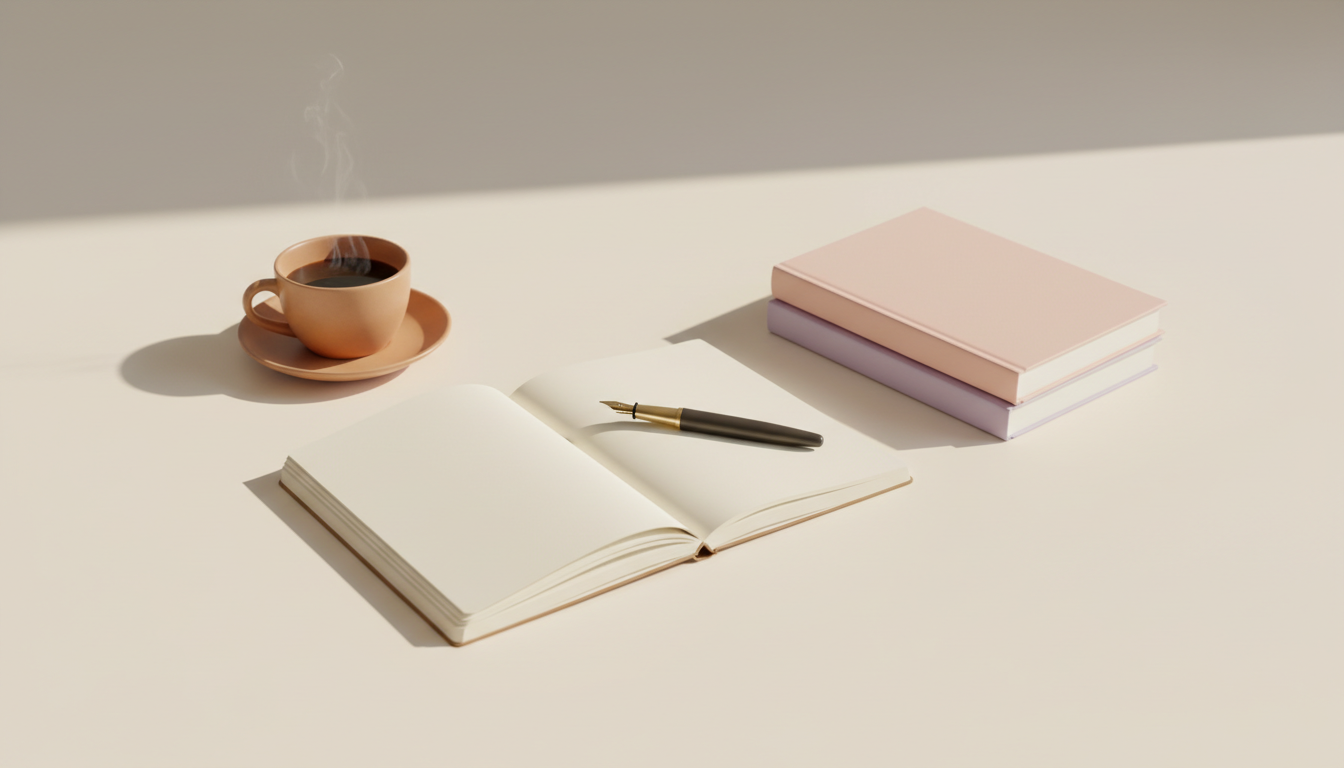 Writing a book — an open blank notebook with a fountain pen, a stack of pastel books, and a cup of coffee